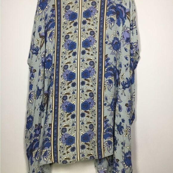 Floaty open front kimono duster blue flowers oversized size Small boho hippie - Picture 4 of 7
